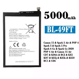 Batería telefono celular BL-49FT para Tecno Camon 15 /Camon 15 Air/ Spark 5 Air /Spark 5 / Spark 5 Pro / Spark 6 Go / Spark Go 2020 / POP 4/POP 4 Air
