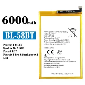 Batería telefono celular BL-58BT para Tecno Pouvoir 4 / Pouvoir 4 Pro/ Spark 6 Air / Spark power 2
